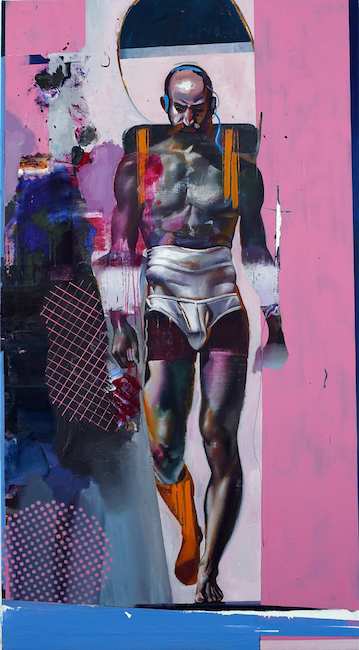 Rayk Goetze: Bote, 2019, Ã–l und Acryl auf Leinwand, 160 x 85 cm 

