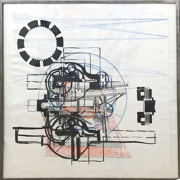 Klara Meinhardt: Große Maschinenzeichnung, 2019, 
Buntstift, Kreide, Wasserfarben auf Papier, Stahlrahmen, 138 x 138 cm 

