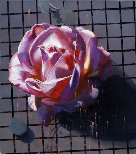Rayk Goetze: Rose [Raster], 2021, Öl und Edding auf Leinwand, 80 x 70 cm

