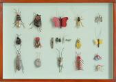 Matthias Garff: Insektenkasten [Im Dattelsand], 2016, found material, wire, nails, screws, paint, glaze, wood, glass, 42 x 60 x 4 cm 

